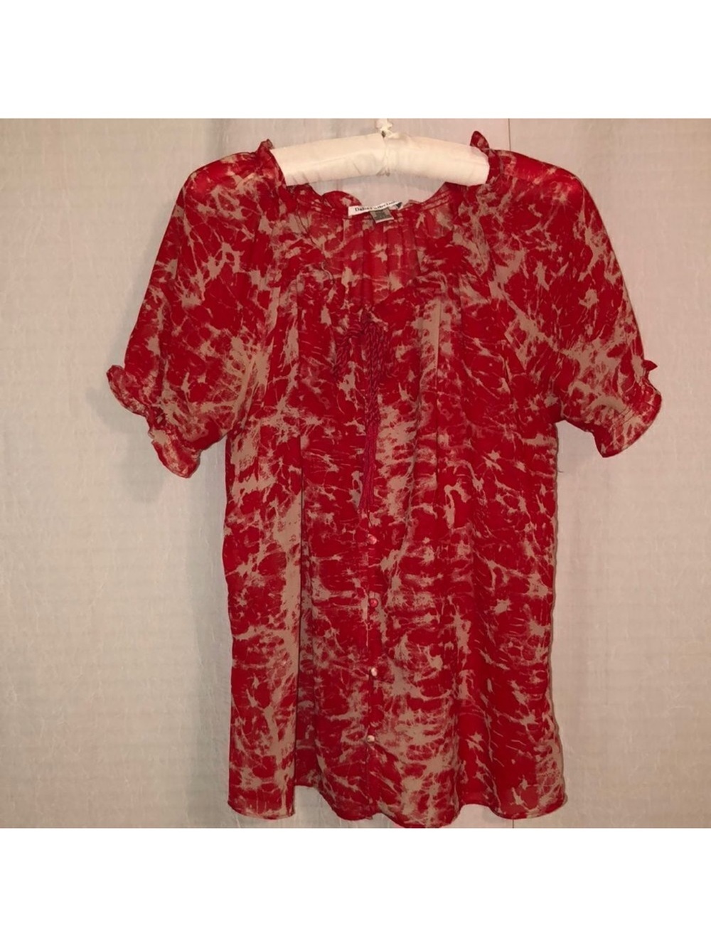 Dalia M Red Ivory Cloud Button Front Tassel Tie Romantic Blouse